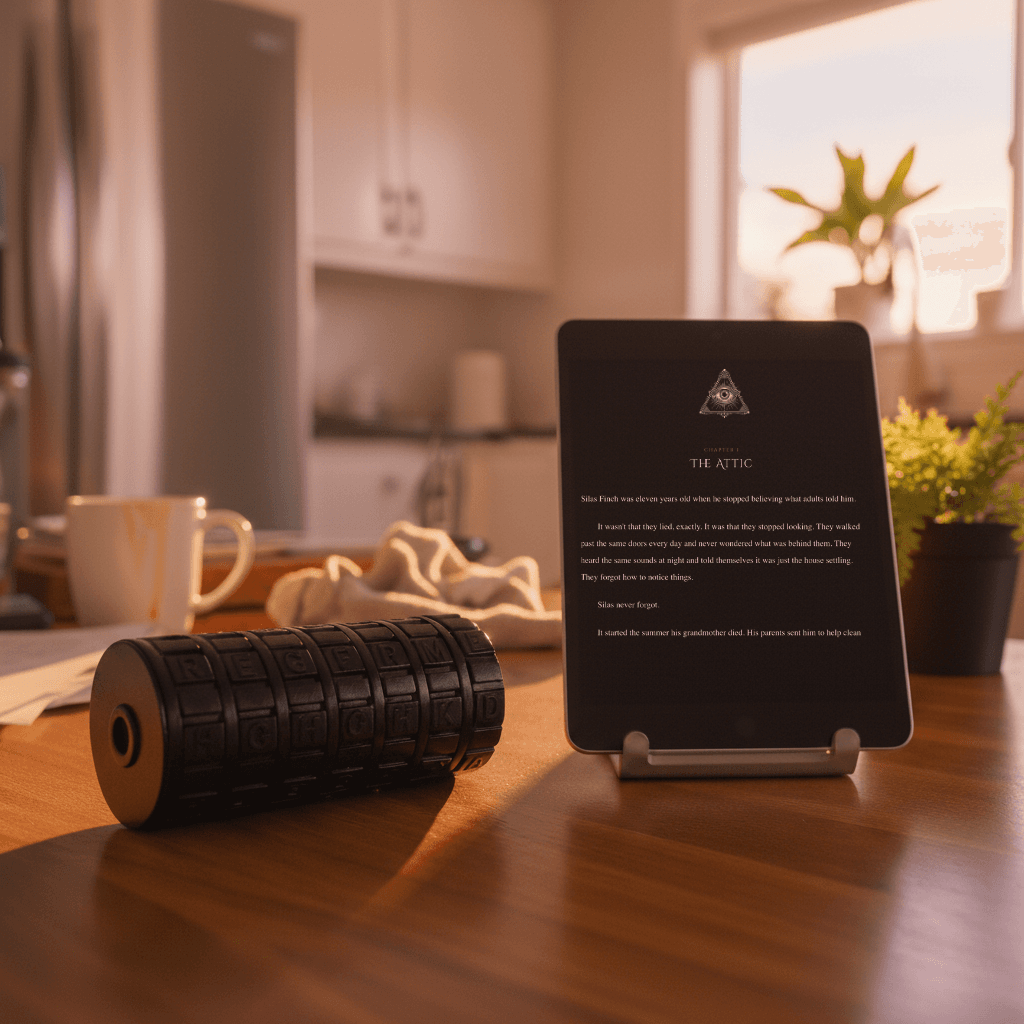 The Onyx Nine cryptex and story on tablet
